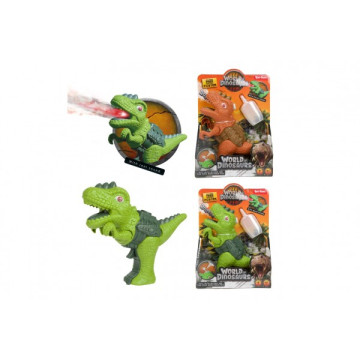 Dinosaurus pistole plast 13x16cm vypouštějící páru na baterie se světlem, zvukem 2 barvy v krabičce