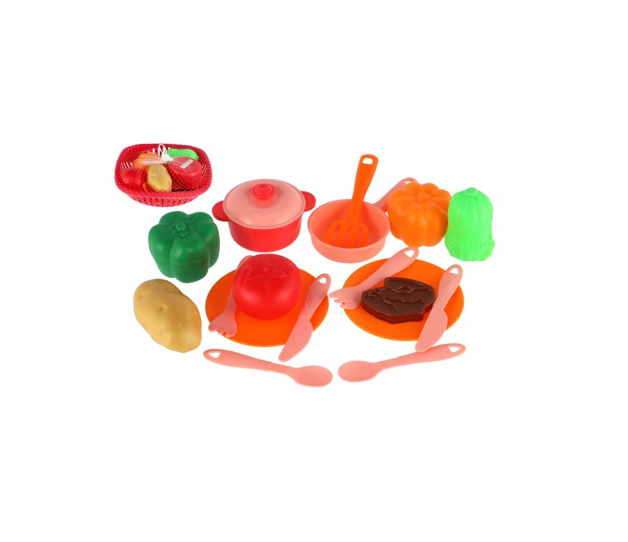 Sada nádobí v ošatce plast s doplňky v síťce 20x20x7cm Sada nádobí v ošatce plast s doplňky v síťce 20x20x7cm