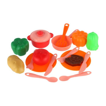 Sada nádobí v ošatce plast s doplňky v síťce 20x20x7cm
