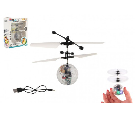 Vrtulníková koule létající plast 13x11cm reagující na pohyb ruky s USB kabelem průhledná v krabičce
