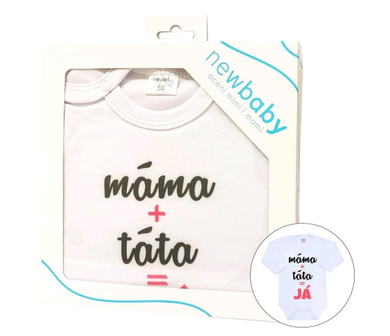 Body s potiskem New Baby máma plus táta rovná se JÁ - dárkové balení