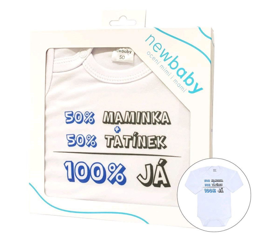 Body s potiskem New Baby 50% MAMINKA + 50% TATÍNEK - 100% JÁ modré - dárkové balení Body s potiskem New Baby 50% MAMINKA + 50% TATÍNEK - 100% JÁ modré - dárkové balení