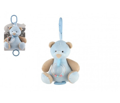 Medvěd plyš 18cm závěs na postýlku/kočárek nat. hrací strojek modrý na kartě v sáčku 0+