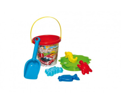 Sada na písek 7ks plast kbelík, sítko, lopatka, 4 formičky 3 barvy v síťce 18m+