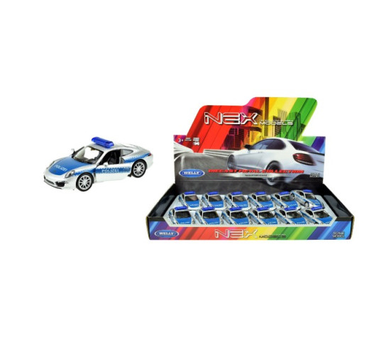 Auto Welly policie Porsche 911(991) Carrera S kov/plast 12cm volný chod 12ks v boxu