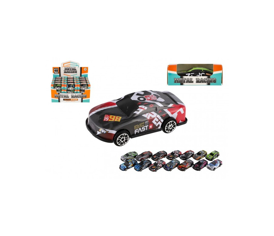 Auto závodní mini kov/plast 6cm na volný chod mix barev v krabičce 48ks v boxu