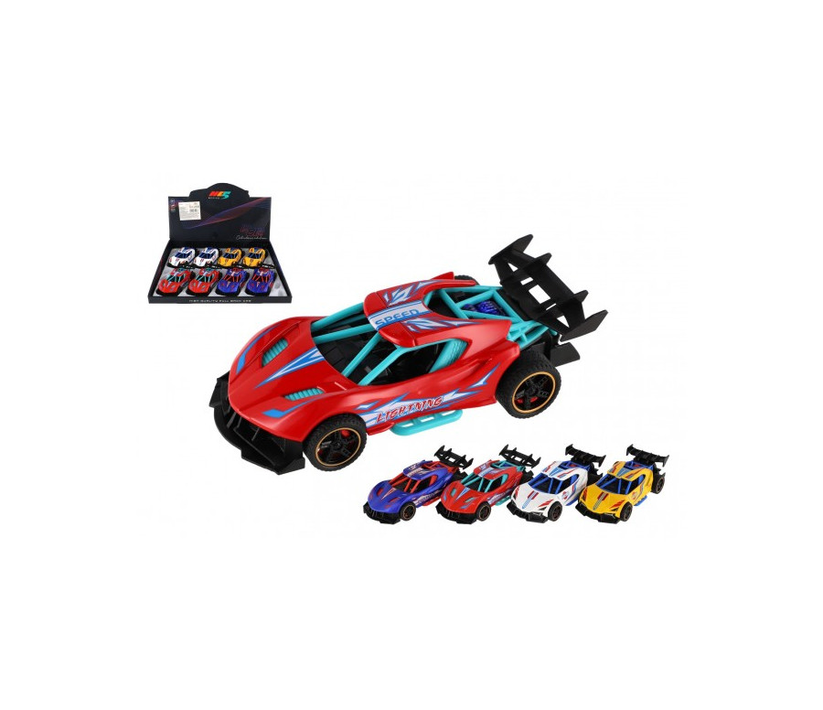 Auto sportovní plast/kov 14cm na zpětné natažení 4 barvy 8ks v boxu