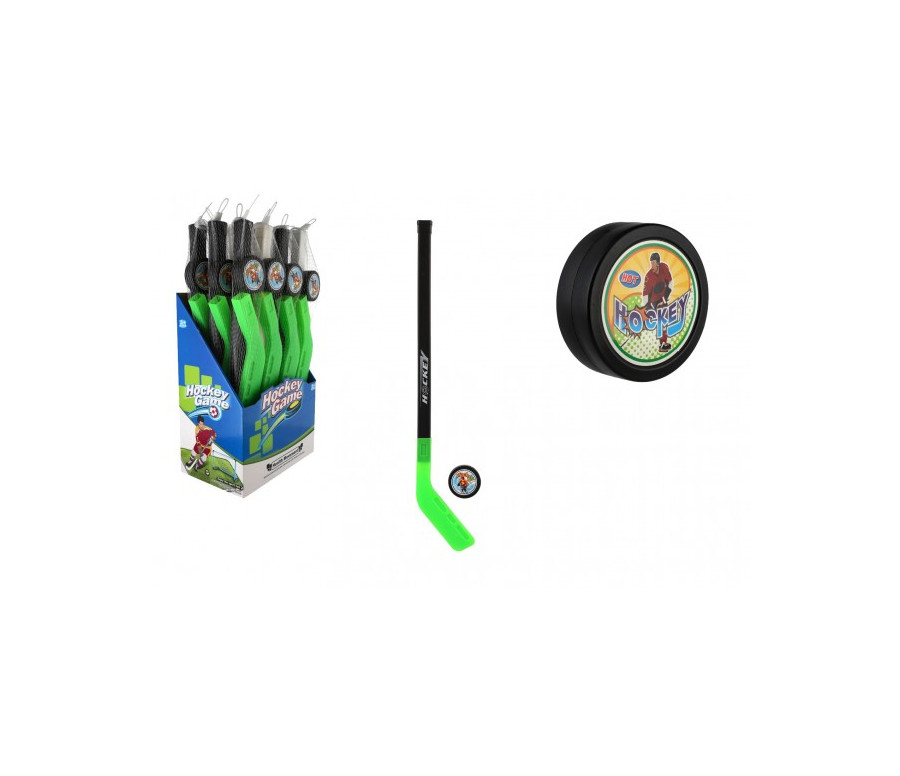 Hokejka s pukem plast 74cm 2 barvy v síťce 12ks v boxu Hokejka s pukem plast 74cm 2 barvy v síťce 12ks v boxu
