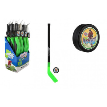 Hokejka s pukem plast 74cm 2 barvy v síťce 12ks v boxu