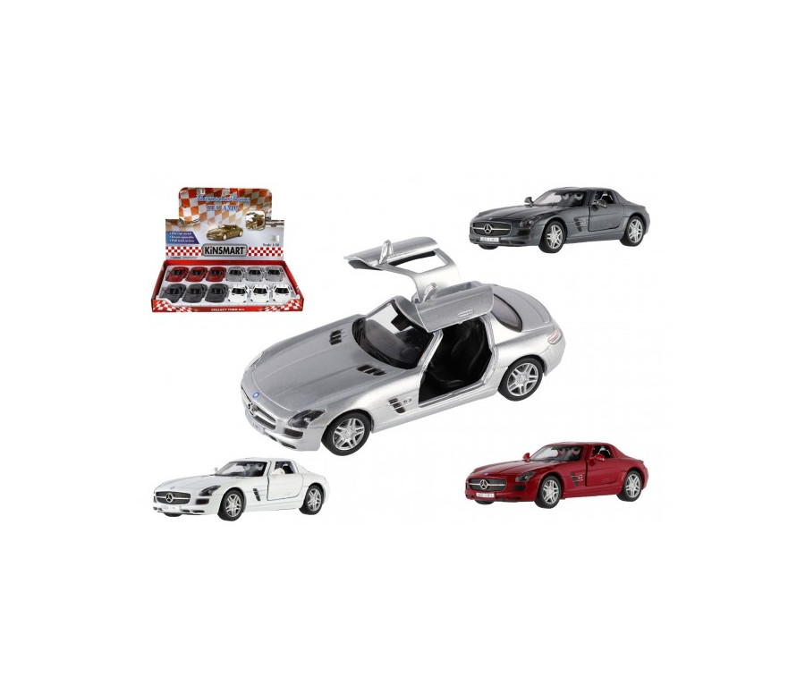 Auto Kinsmart Mercedes-Benz SLS AMG kov/plast 13cm na zpětné natažení 4 barvy 12ks v boxu