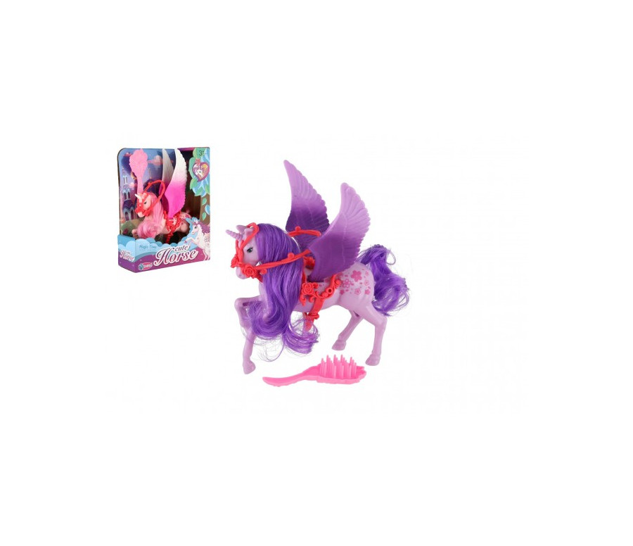 Jednorožec/kůň s křídly česací s hřebenem plast 22cm 3 barvy v krabičce 17x22x6cm