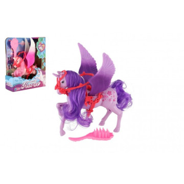 Jednorožec/kůň s křídly česací s hřebenem plast 22cm 3 barvy v krabičce 17x22x6cm