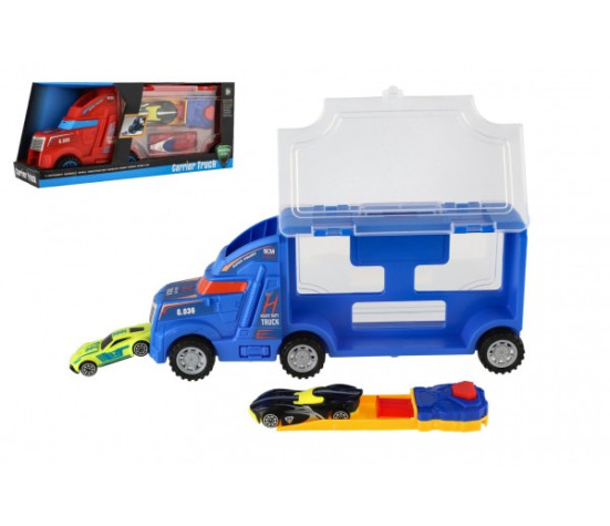 Auto kamion přepravník + auto 2ks plast 28cm na volný běh 2 barvy v krabici 29x12x8cm