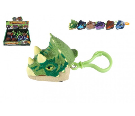 Přívěsek na klíče hlava dinosaurus kousací plast 6cm na setrvačník 6 druhů 12ks v boxu