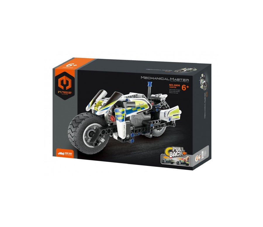 Stavebnice iM.MASTER policejní motorka na zpětné natažení plast 193 dílků v krabici 29x20x6cm