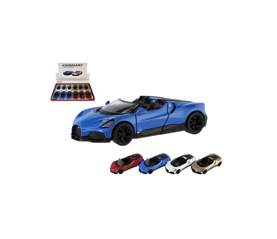 Auto Kinsmart Bugatti Mistral kov/plast 13cm na zpětné natažení 4 barvy 12ks v boxu