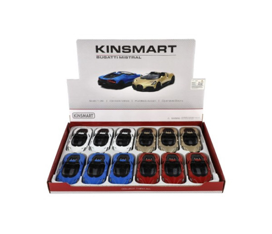 Auto Kinsmart Bugatti Mistral kov/plast 13cm na zpětné natažení 4 barvy 12ks v boxu