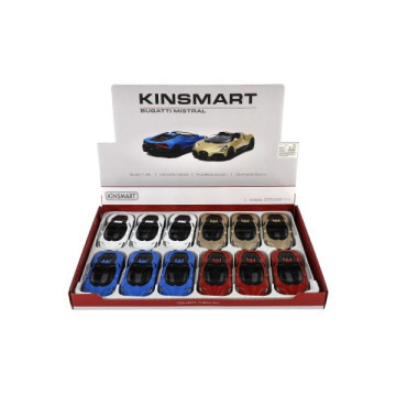 Auto Kinsmart Bugatti Mistral kov/plast 13cm na zpětné natažení 4 barvy 12ks v boxu