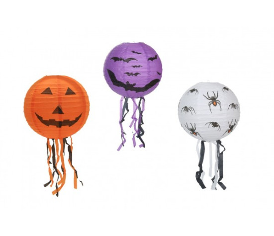 Lampion koule Halloween se střapci papír průměr 30cm v sáčku (bez hůlky) 3 druhy karneval