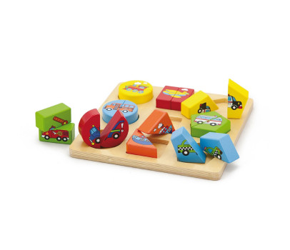 Dřevěné vkládací puzzle tvary s autíčky Viga