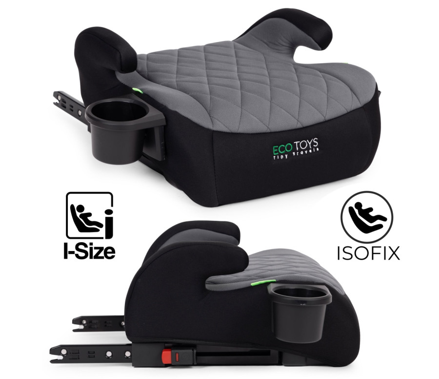 Dětský podsedák do auta ISOFIX i-Size s držákem na nápoje, pro výšku 125–150 cm, šedý