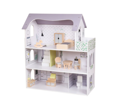 Dřevěný domeček pro panenky s nábytkem Rose Montessori Baby Mix