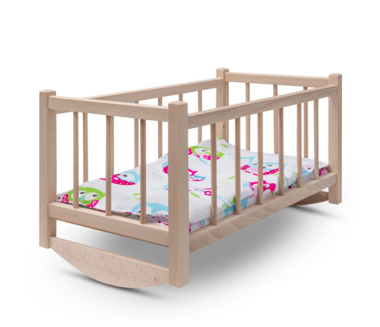 Dřevěná postýlka-kolébka pro panenky s povlečením Baby Mix owl