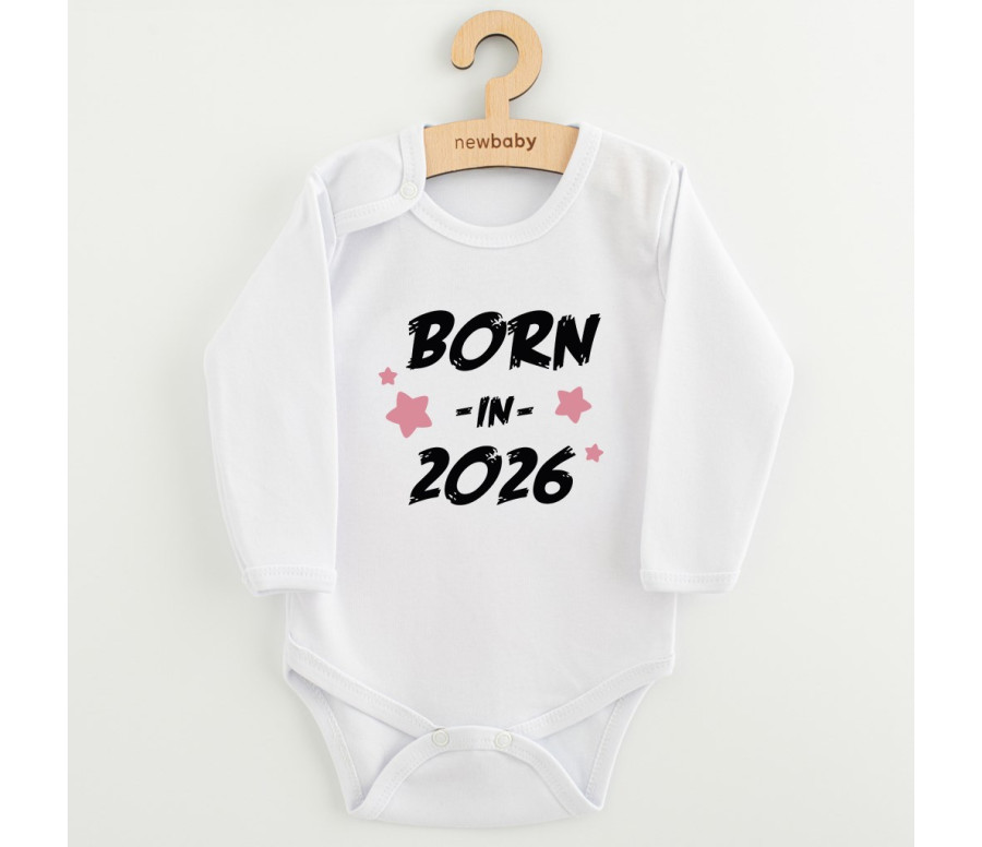Dětské body s potiskem New Baby BORN IN 2026 pink, Bílá 74 (6-9m)