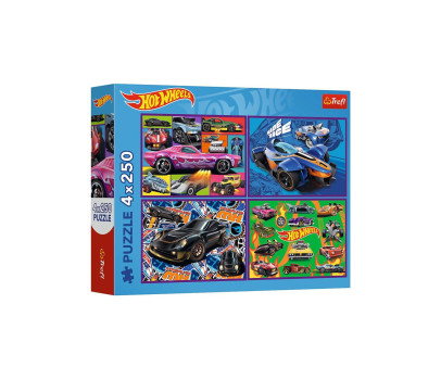 Puzzle 4v1 Závodní auta/Hot wheels 4x250 dílků 33,9x23,9cm v krabici 34x26x6cm