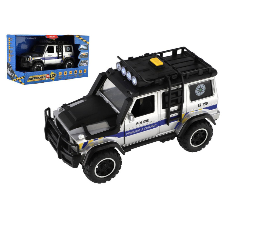 Auto záchranáři policie terénní plast 23x14cm na setrvačník na baterie se světlem se zvukem v krabic