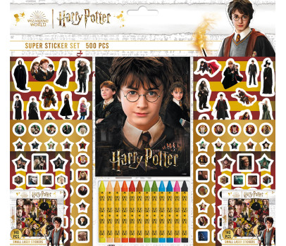 Samolepkový set 500ks Harry Potter s blokem a voskovkami 12ks v sáčku