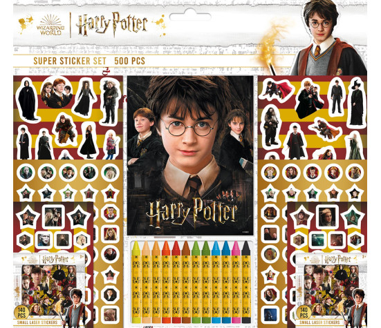 Samolepkový set 500ks Harry Potter s blokem a voskovkami 12ks v sáčku