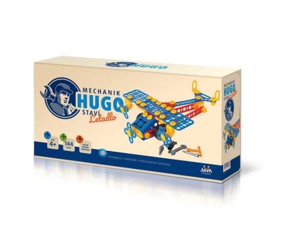 Stavebnice HUGO Letadlo s nářadím 144ks plast v krabici 31x16x7cm