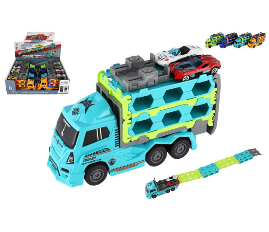 Auto kamion přepravník + auto 2ks plast 22cm na setrvačník 4 barvy 8ks v boxu