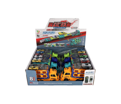Auto kamion přepravník + auto 2ks plast 22cm na setrvačník 4 barvy 8ks v boxu