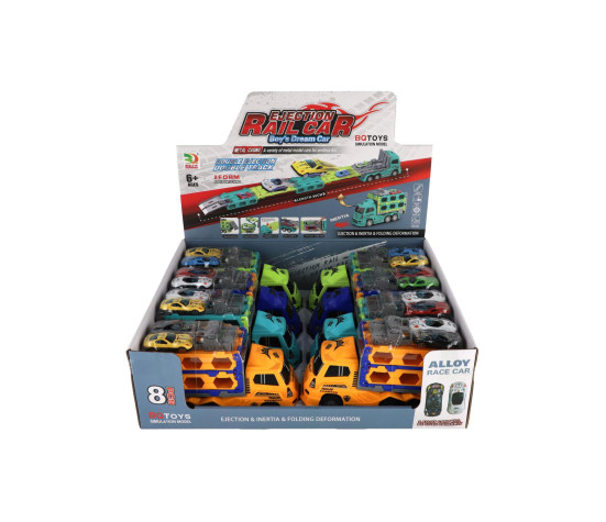 Auto kamion přepravník + auto 2ks plast 22cm na setrvačník 4 barvy 8ks v boxu