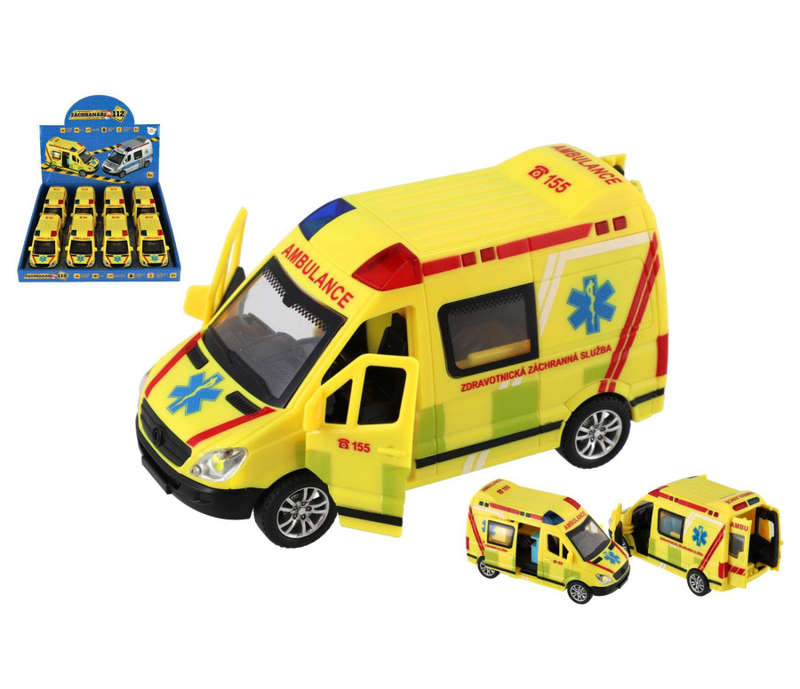 Auto záchranáři, ambulance plast 14,5cm na baterie se světlem, zvukem na setrvačník 8ks box