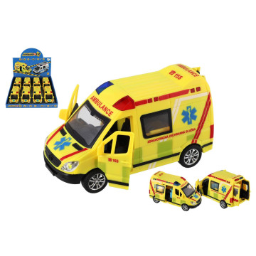 Auto záchranáři, ambulance plast 14,5cm na baterie se světlem, zvukem na setrvačník 8ks box