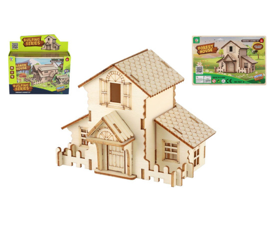 Dřevěné 3D puzzle/stavebnice domeček 4 druhy ve fólii 22,5x15cm 12ks v boxu