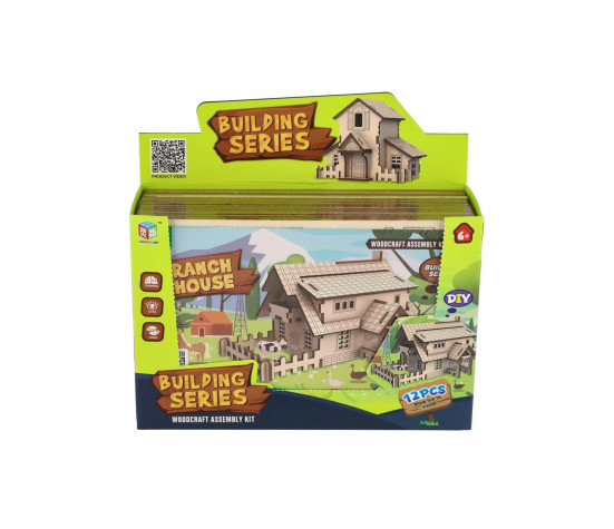 Dřevěné 3D puzzle/stavebnice domeček 4 druhy ve fólii 22,5x15cm 12ks v boxu