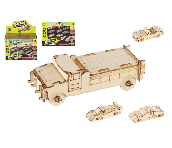 Dřevěné 3D puzzle/stavebnice auto 4ks ve fólii 2 druhy 12ks v boxu