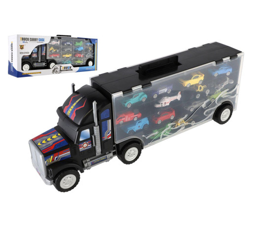 Auto kamion přepravník + dopravní prostředky 14ks plast 57cm na volný chod v krabici 59x22x13cm