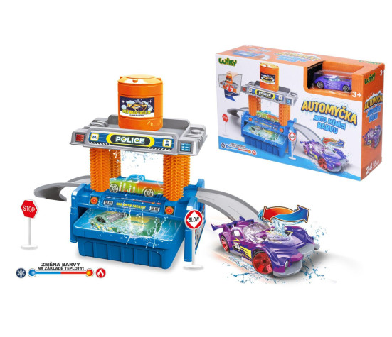 Automyčka + auto měnící barvu plast s doplňky v krabici 30x19cm