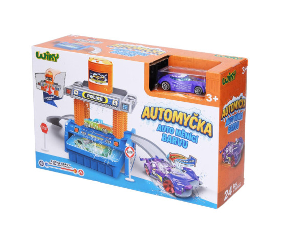 Automyčka + auto měnící barvu plast s doplňky v krabici 30x19cm
