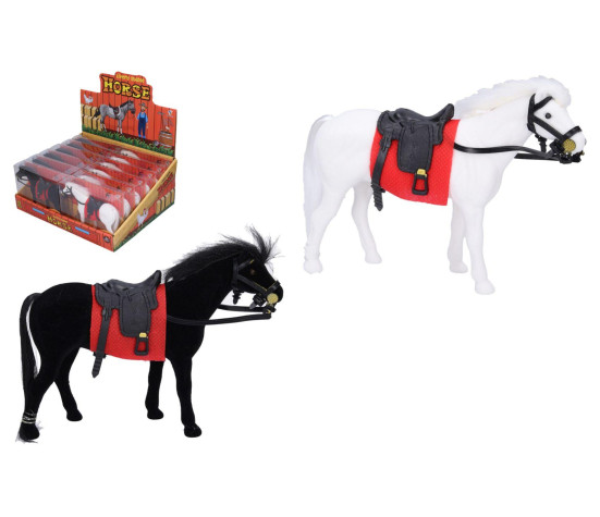 Kůň fliška se sedlem 14cm 2 barvy v plastové krabičce 14,5x12cm 12ks v boxu