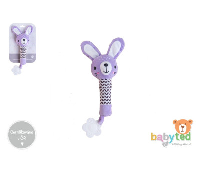 Zajíček babyted pískátko/kousátko plyš 25cm fialový na kartě v sáčku 0m+