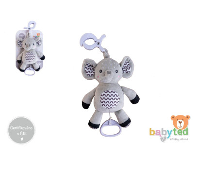 Slon babyted natahovací hrací strojek plyš 30cm závěs na postýlku/kočárek na kartě v sáčku 0m+