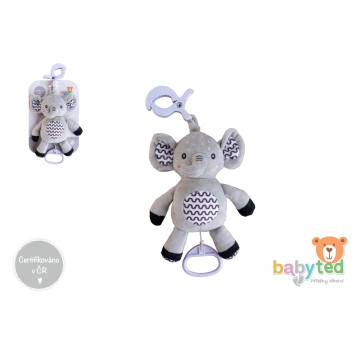 Slon babyted natahovací hrací strojek plyš 30cm závěs na postýlku/kočárek na kartě v sáčku 0m+