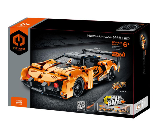 Stavebnice iM.MASTER 2v1 auto na zpětné natažení plast 278 dílků oranžové v krabici 29x20x6cm