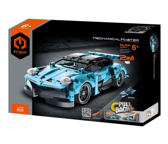 Stavebnice iM.MASTER 2v1 auto na zpětné natažení plast 293 dílků v krabici 29x20x6cm